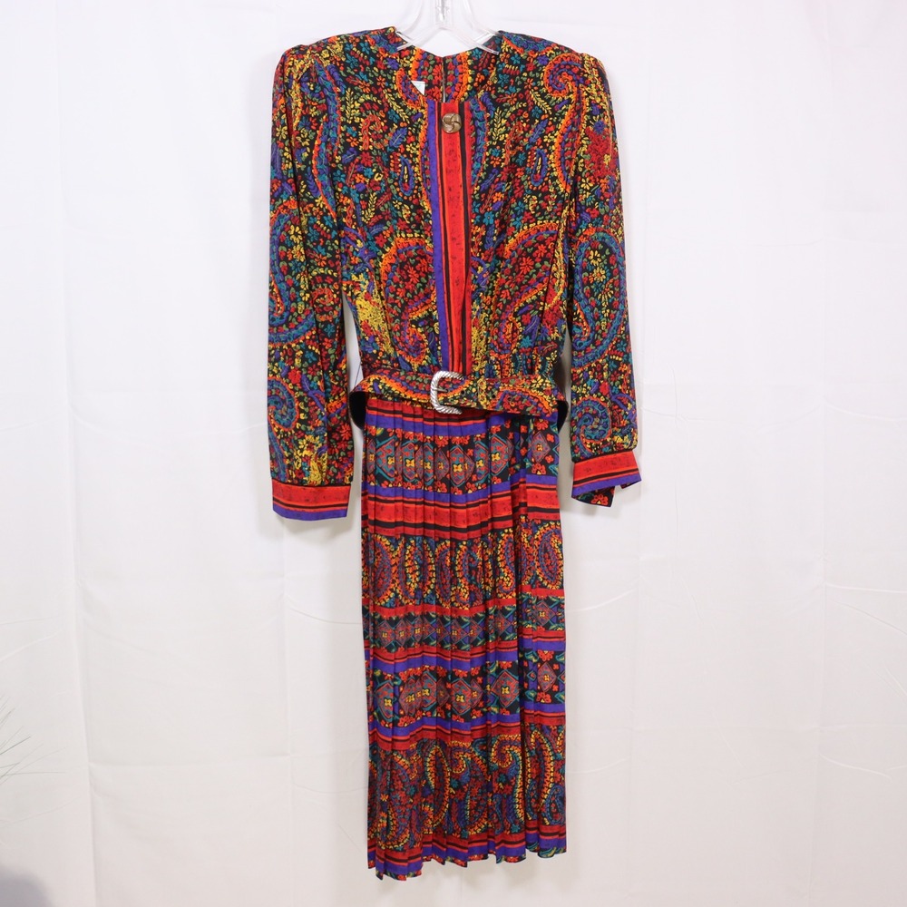 Lady Carol‎ Petites Paisley Pleated Dress Multicolor Womens Vintage Belted